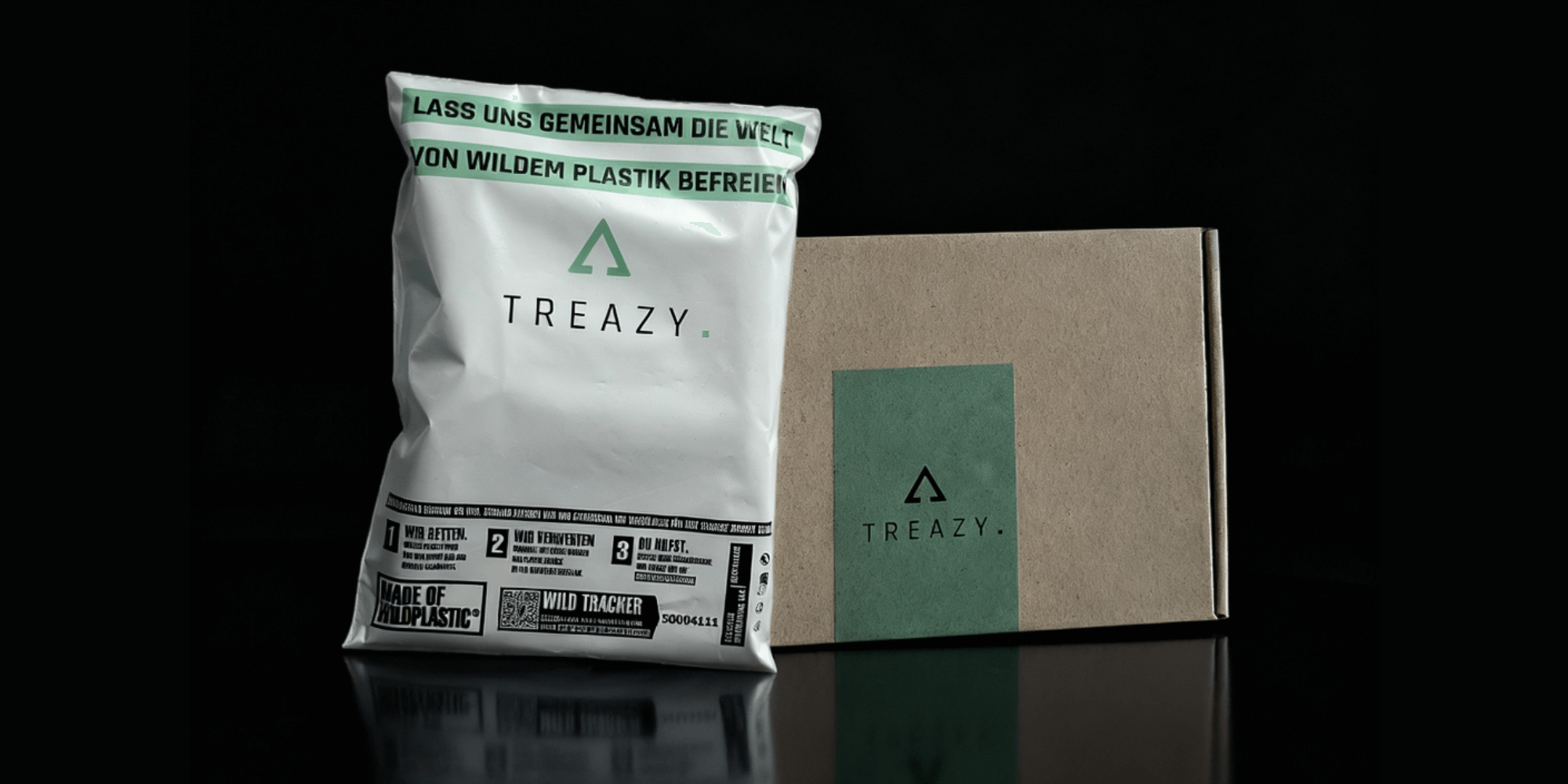 Versandkarton aus Gras und Versandtasche aus recyceltem Wildplastik von TREAZY.
