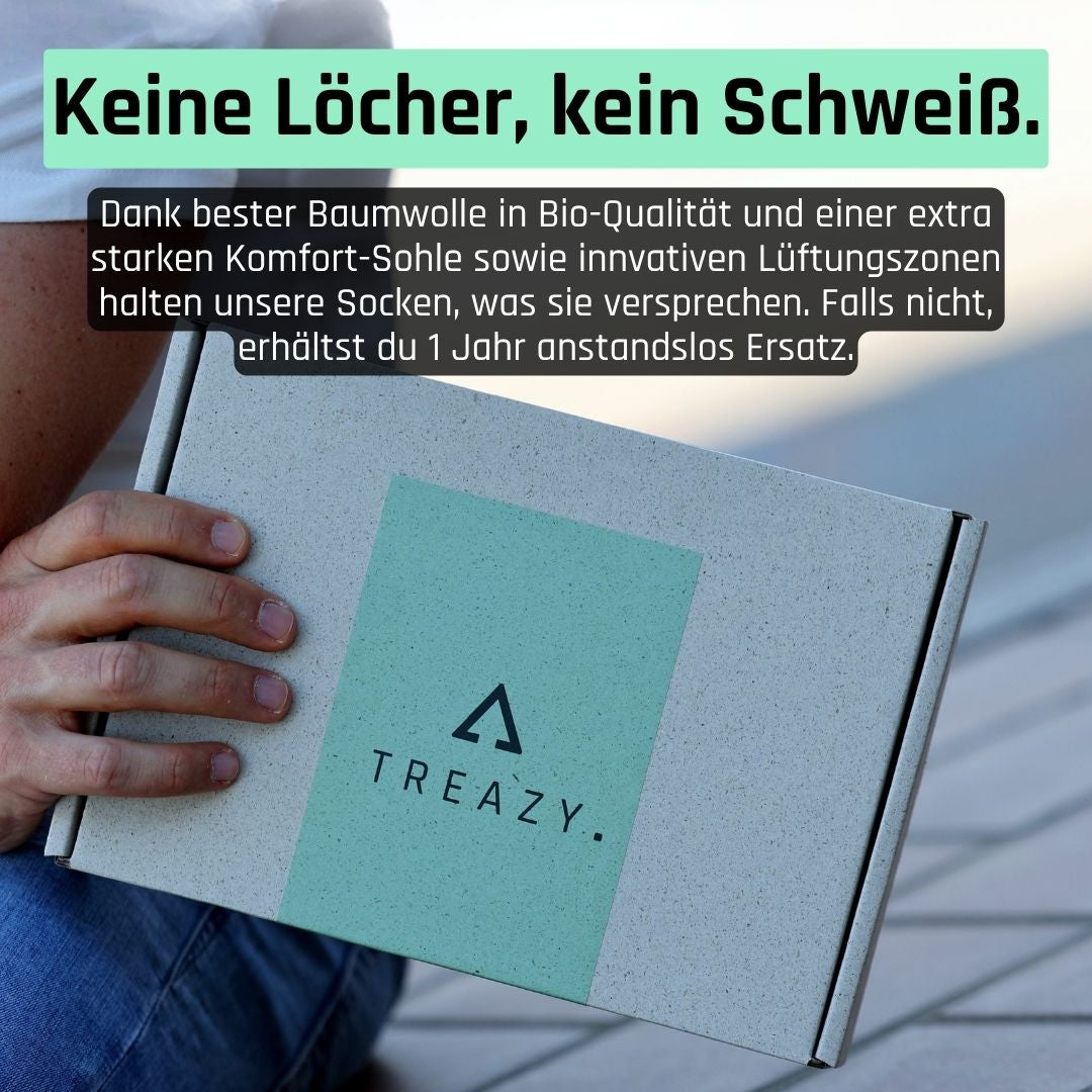 TREAZY. Doppel-Garantie – keine Löcher, kein Schweiß, 1 Jahr